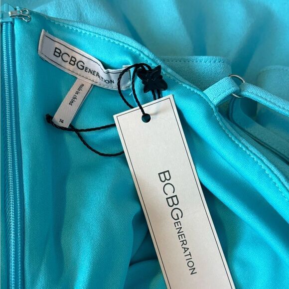 NEW BCBGeneration Tiered Ruffle Hem Mini Square Neck Dress Aqua Sky Size 14 - Picture 7 of 10
